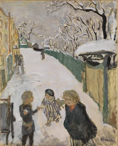 Strase Im Schnee Mit Spielenden Kindern