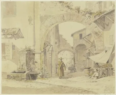 Strase In Einem Italienischen Stadtchen Tivoli Links Ein Brunnen Rechts Eine Gemusehandlerin
