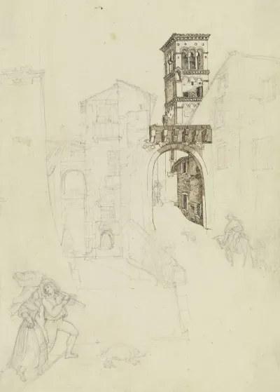 Strase In Rom Mit Einem Torbogen Und Dem Kirchturm Von Santa Sabina