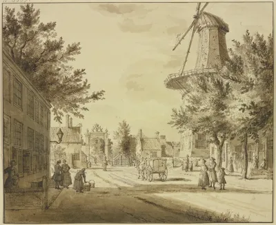 Strasenansicht Bei Einem Stadttor Rechts Eine Windmuhle