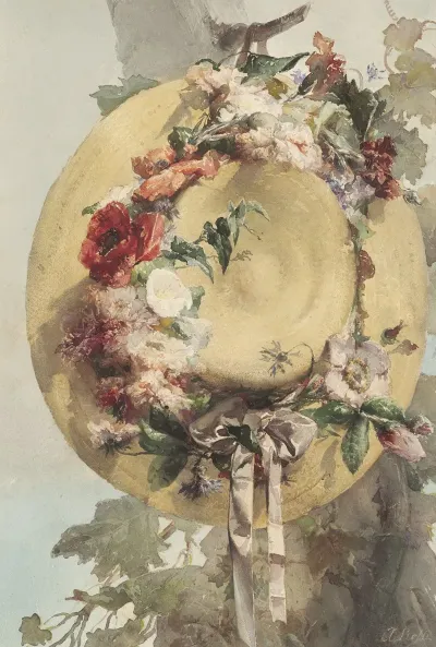 Straw Hat With Roses Carnations And Cornflowers