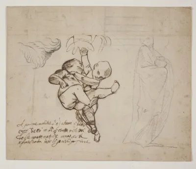 Studie Til To Legende Putti Blade Og En Draperet Figur Med En Urne