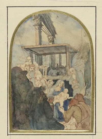 Studie Voor Een Aanbidding Der Koningen Op De Achtergrond Een Ruine Met Twee Corinthische Zuilen