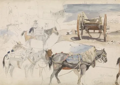 Studieblad Met Schelpenkar Op Het Strand En Diverse Studies Van Paarden