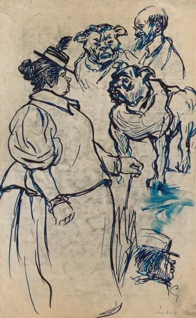 Studieblad Wandelende Dame Hond En Manshoofd
