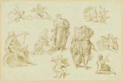 Studienblatt Amoretten Und Weibliche Figuren Links Ein Flusgott