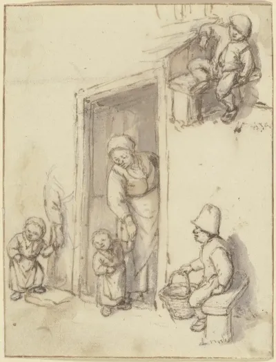Studienblatt Eine Mutter Und Ihre Tochter In Der Haustur Ein Madchen An Der Hand Der Mutter Und Zwei Sitzende Jungen