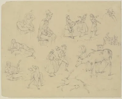Studienblatt Madonna Und Kind Szenen Aus Dem Italienischen Volksleben Hunde Und Hirsche