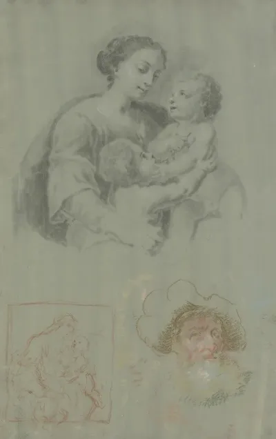 Studienblatt Mit Einer Madonna Mit Dem Kind Und Dem Johannesknaben Dazu Ein Bartiger Mann Mit Mutze