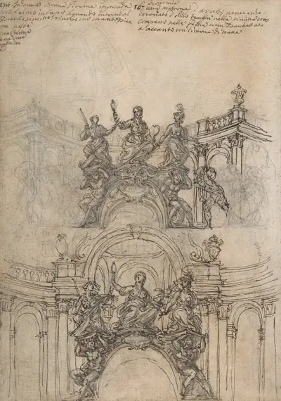 Studies For A Sculpture With Figures Of Prudence Industry And Economy Supported By Slaves And An Oval Plaque With Cartouche Separate Study For A Cupola
