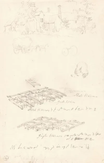 Studies Of A Farmhouse Covered Wagon And Harrows