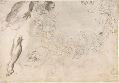 Studies Of A Figure With Left Arm Upraised A Leg And Putti With Foliage