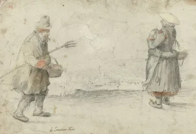 Studies Of A Man And A Woman Standing On The Bank Of A Frozen River With A Town In The Distance