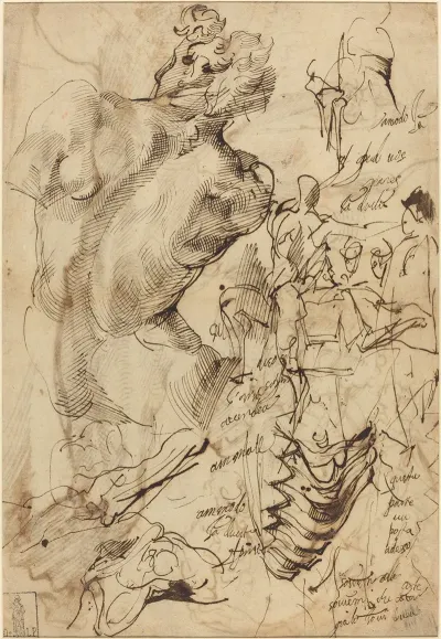 Studies Of A Sculpture Of A Male Nude Vertebrae_and Gesturing Figures