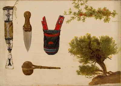 Studies Of Beaded Scabbard And Knife Decorated Pouch Stone Axe Branch Of Bull Berry And Hill Sage