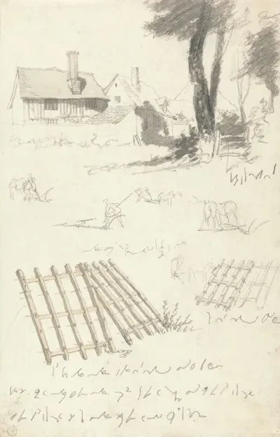 Studies Of Farmhouses By A Gate Ploughing And Harrows