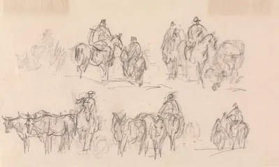 Studies Of Figures On Horses Cattle At Lower Left