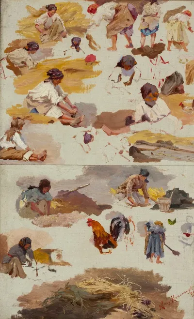 Studies Of Peasant Women For The Painting Building A Cottage