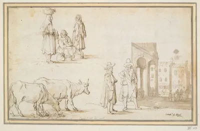Studies Of Two Cows Figures And Street Scene