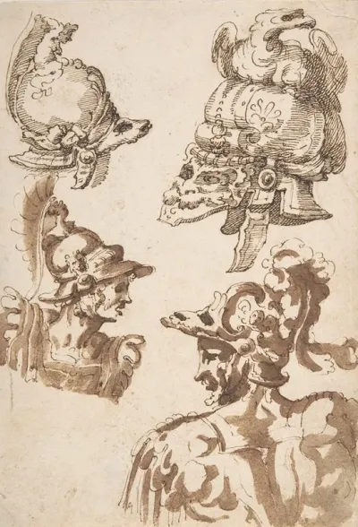 Studies Of Two Helmets And Of Two Soldiers Wearing Helmets
