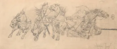 Studium Pedzacych Koni W Zaprzegu Szkic Do Obrazu Czworka Z 1880 R