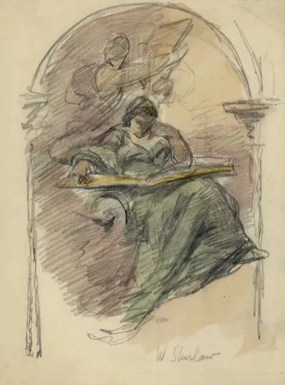 Study Drawing For Mural Of Woman Reading