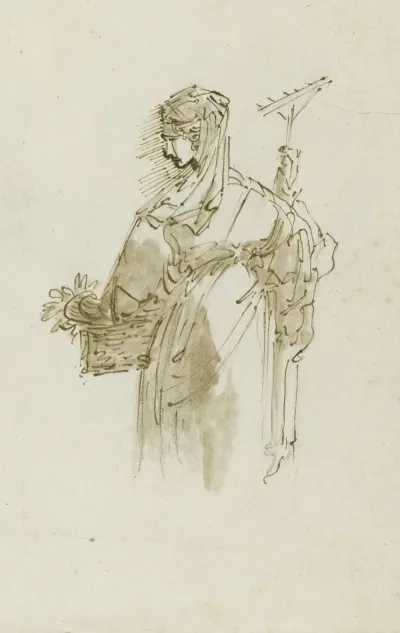 Study Figure For A Peasant Woman Holding A Basket And Rake