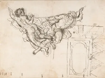 Study For Nude Male Figures Supporting A Frame And Plan Of The Ceiling Decoration Of Palazzo Altieri Rome