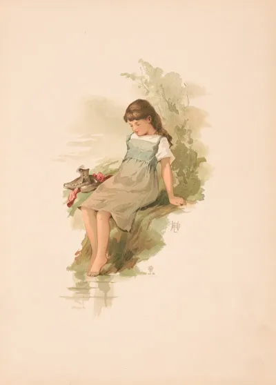 Study Girl Seated On A Mossy Bank