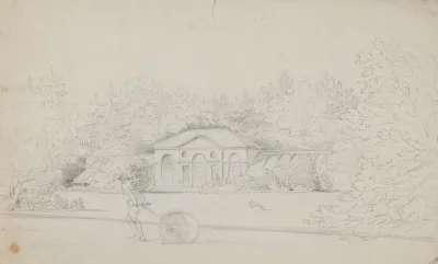 Study Of A Cottage And A Man Rolling The Lawn