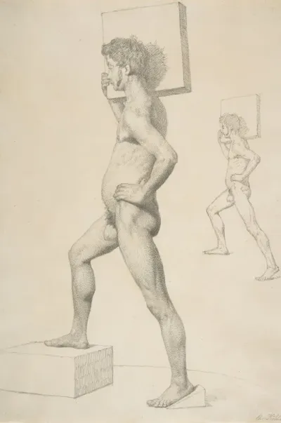 Study Of A Male Nude Shouldering A Wooden Block