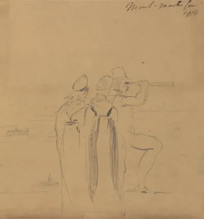 Study Of A Man Looking Through A Telescope Accompanied By Two Women