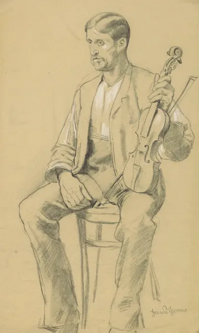 Study Of A Man Sitting On A Chair With A Violin And Bow On His Knee