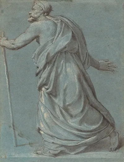 Study Of A Man Walking Towards The Left Holding A Staff