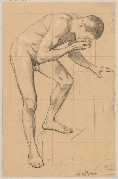 Study Of A Naked Man Leaning Over A Spring And Drinking Water