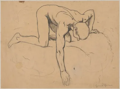Study Of A Naked Young Man Kneeling By A Spring And Reaching Out For Water With His Right Hand