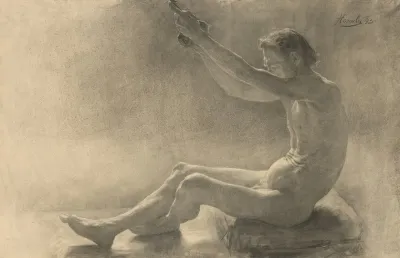 Study Of A Sitting Male Nude With Arms Raised