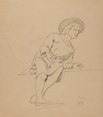 Study Of A Sitting Man In A Hat And A Male Head In Profile