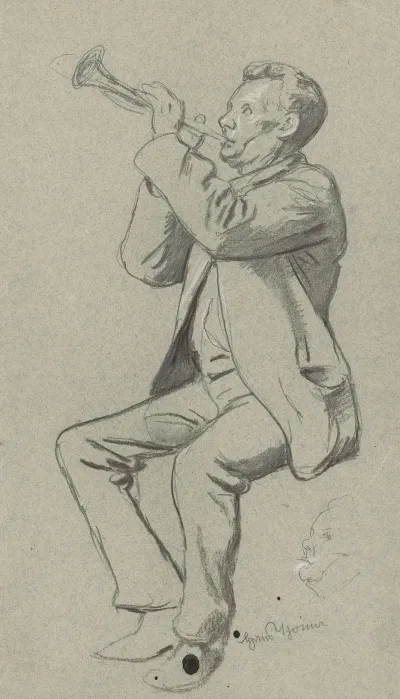Study Of A Sitting Man Playing The Trumpet In The Bottom Repetition Of The Mans Head