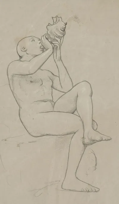 Study Of A Sitting Naked Man With His Legs Crossed Blowing A Shell