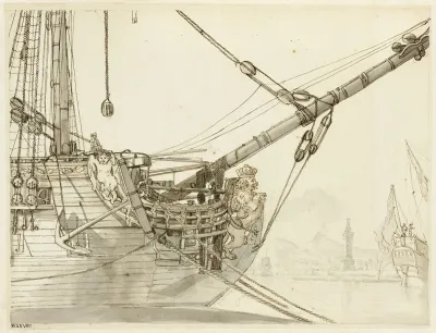 Study Of A Warships Prow With British Warships And Naples Harbor Beyond