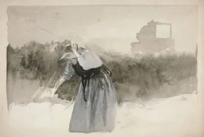 Study Of A Woman In Bonnet Leaning Over
