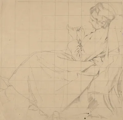 Study Of A Woman Knitting In An Armchair