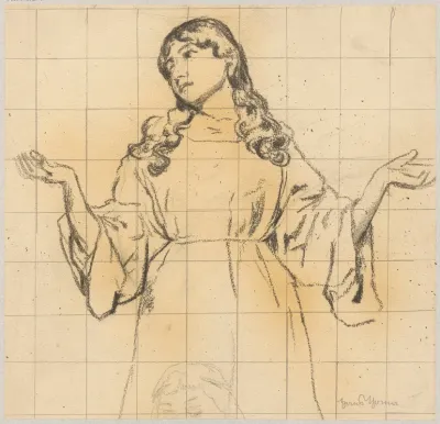 Study Of A Young Woman In A Loose Dress With Raised Hands