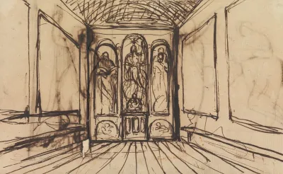 Study Of An Interior Room With Religious Images On The Wall Panels