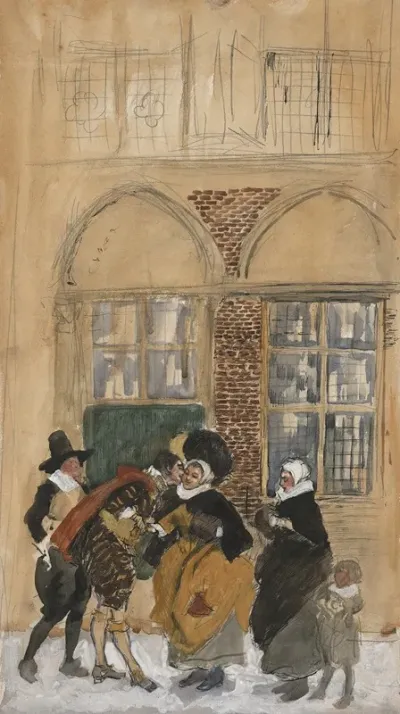 Study Of Figure Scene In Seventeenth Century Dutch Costume Possibly New Amsterdam