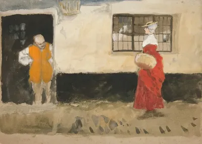 Study Of Street Scene Man At Door Woman In Red Dress