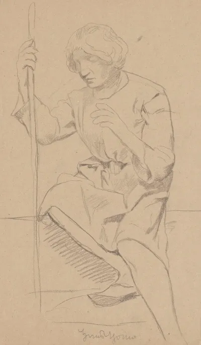 Study Of The Figure Of A Sitting Young Man In A Robe To His Knees Holding A Stick In His Right Hand