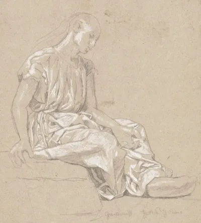 Study Of The Figure Of A Woman Sitting On A Stone Dressed In A Long Creased Dress Study Of A Costume