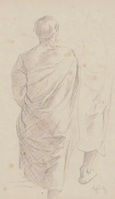 Study Of The Figure Of A Young Man In A Robe Draped On His Right Arm Depicted From The Back Sketch Of A Fragment Of Drapery And Right Leg
